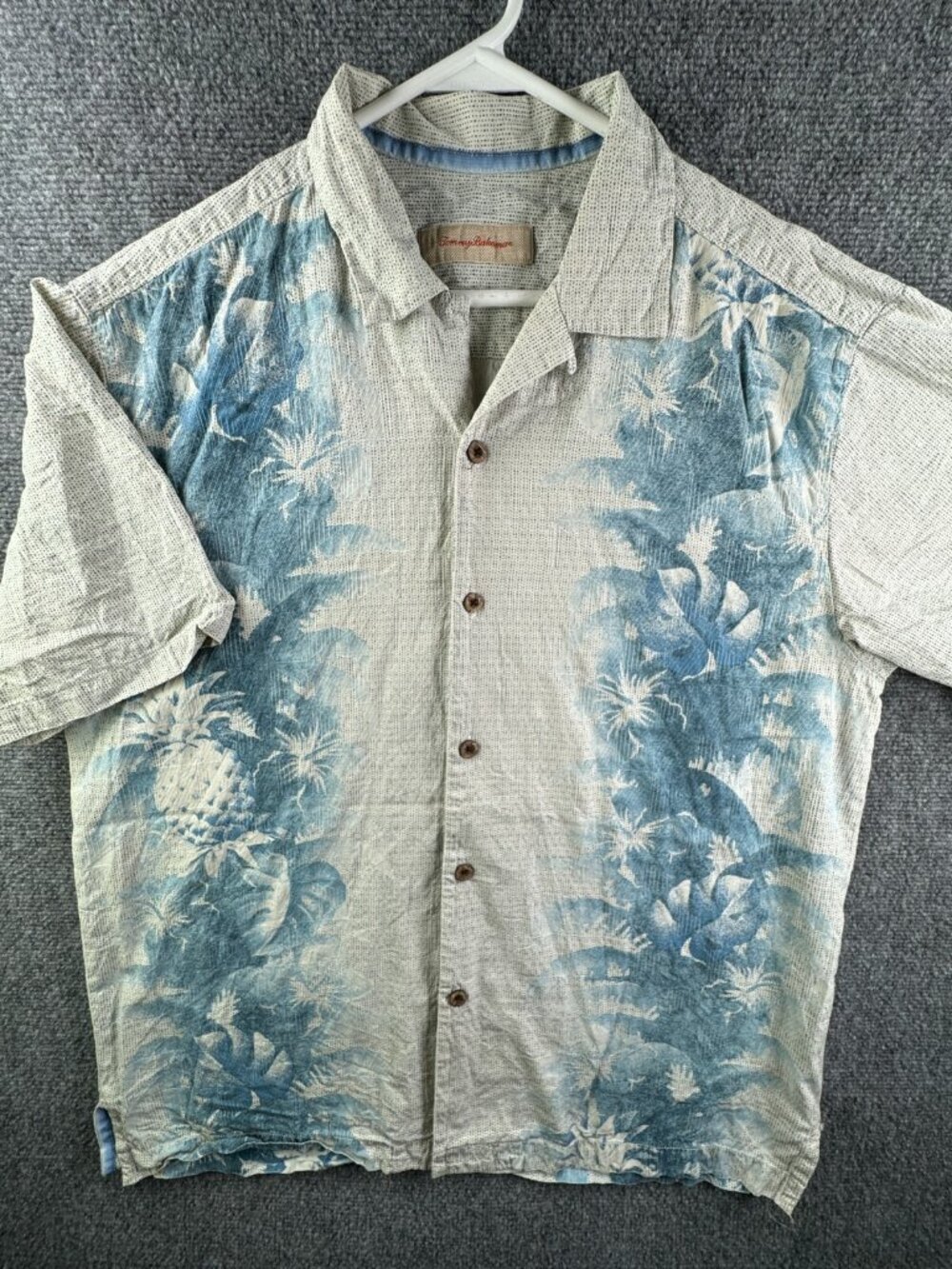 Tommy Bahama Silk Button Up Shirt Men Short Sleeve Hawaiian Floral Blue Ivory L